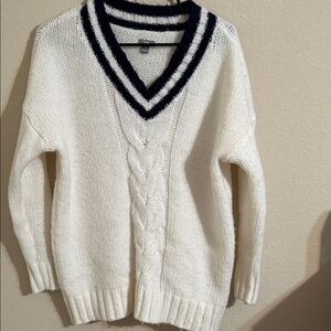Aerie Cream V-Neck Sweater with Black Stripes Preppy Academia